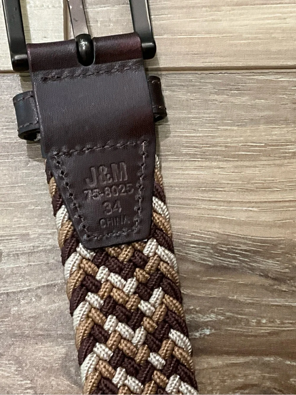 Men's Braided Elastic Belt in brown multi with Dark Leather Trim Sz 34